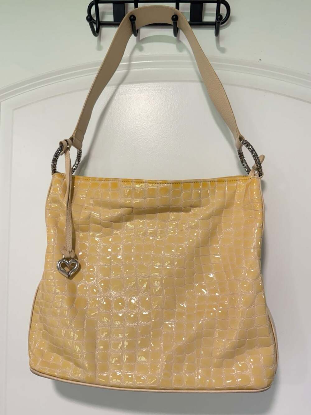 Y2K Butter Yellow Croc Patent Leather Hobo Bag Heart Charm McBling Shoulder